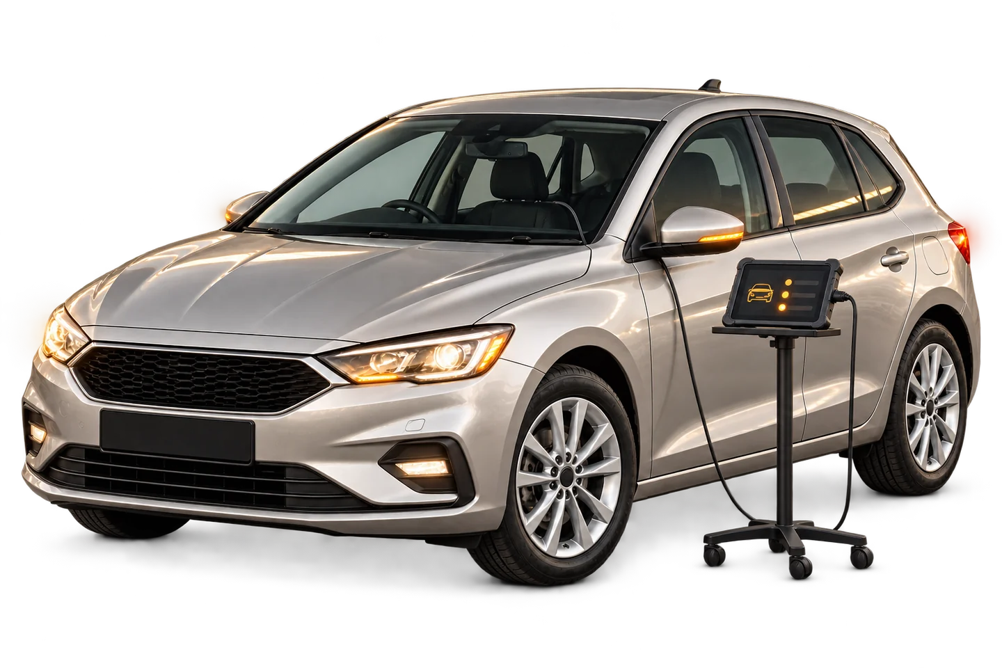 Illustrative silver car with illuminated lights and diagnostic equipment