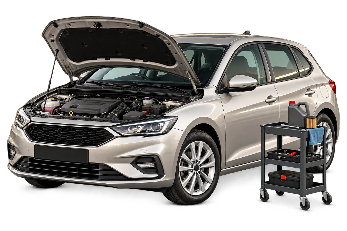 Illustrative silver car with its bonnet open for servicing